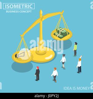 Appartamento 3D isometrica la gente di affari guardando lampadina di idee e di denaro equilibrio sulla bilancia, idea è concetto di denaro Illustrazione Vettoriale