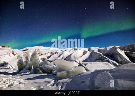 Luci del nord su ghiacciaio di Russell, Kangerlussuaq, Circolo Polare Artico, Groenlandia, Europa Foto Stock