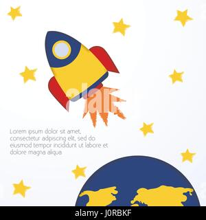 Veicolo spaziale illustrazione vettoriale modello cartolina battenti razzo giallo tra le stelle su sfondo bianco carino design in bambini stile di disegno Illustrazione Vettoriale