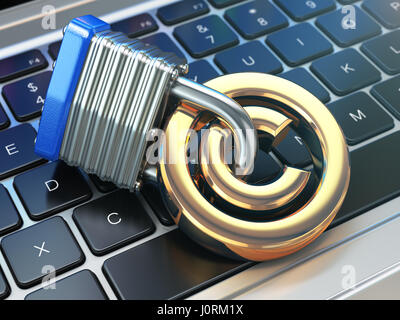 Simbolo del copyright con lock sulla tastiera del notebook. Proprietà intellettuale Il concetto di protezione. 3d illustrazione Foto Stock