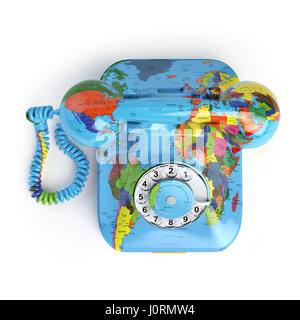 Comunicazione globale del concetto. Telefono con texture erth isolato su bianco. 3d illustrazione Foto Stock