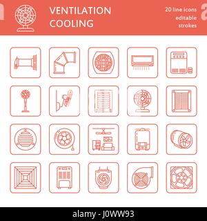 Apparecchiature per la ventilazione delle icone di linea. Aria condizionata, apparecchi di refrigerazione, ventola di scarico. Uso domestico e industriale ventilatore sottile segni lineare per il negozio Illustrazione Vettoriale