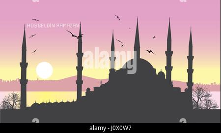 Il Ramadan Kareem. Sfondo per il tuo biglietto di auguri con la città di Istanbul e la moschea di Suleymaniye silhouette. La traduzione del titolo dell'immagine: Benvenuto Ramadan Illustrazione Vettoriale