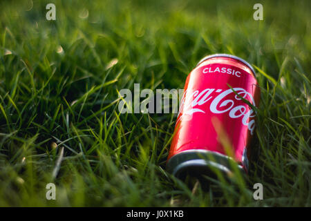 London, Regno Unito - 26 Marzo 2017: una lattina di Coca-cola sull'erba verde in un parco di Londra Foto Stock