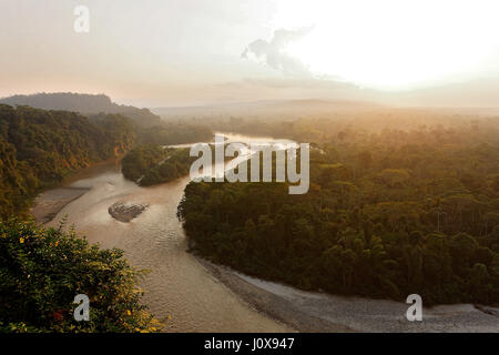 Sunrise nel fiume Anzu, la foresta pluviale amazzonica Ecuador Foto Stock