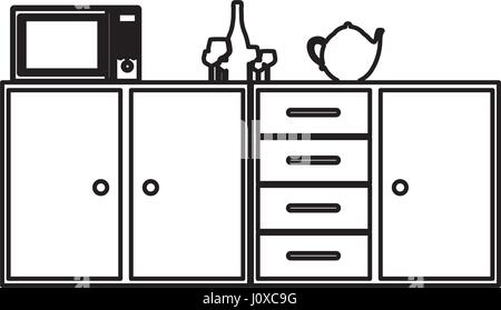 Silhouette di cucina scaffali e cassetti e bollitore per il tè e il forno a microonde Illustrazione Vettoriale