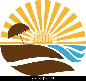 Colorato sfondo circolare tramonto con spiaggia e ombrellone Illustrazione Vettoriale