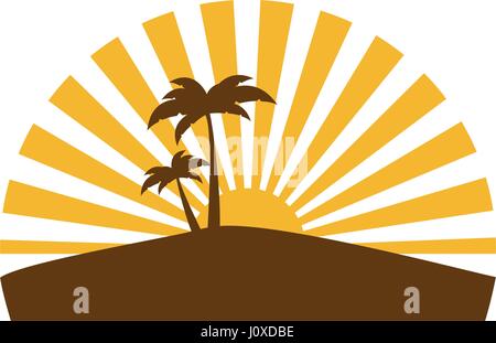 Colorato sfondo circolare tramonto con spiaggia e palme Illustrazione Vettoriale
