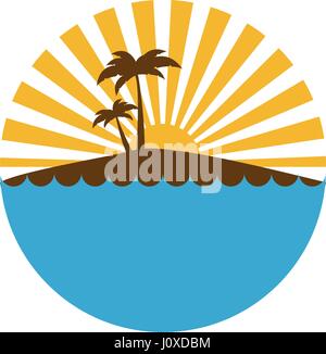 Colorato sfondo circolare tramonto nell'oceano con isola e palme Illustrazione Vettoriale