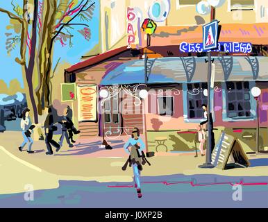 La pittura digitale del paesaggio urbano in primavera Illustrazione Vettoriale