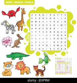 Vettore gioco di istruzione per i bambini circa gli animali puzzle di ricerca di parola Illustrazione Vettoriale