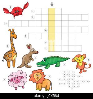 Cartoon crossword game con Cartoon carino animali africani per i bambini in età prescolare educazione.illustrazione vettoriale Illustrazione Vettoriale