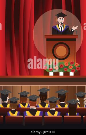 Una illustrazione vettoriale di laurea giovane uomo dando un discorso Illustrazione Vettoriale