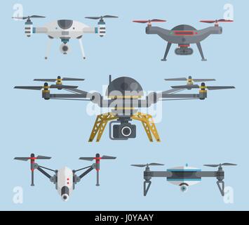 Antenna remota fuchi con fotocamere digitali. L'aria raccolta quadrocopters. Moderno copters volanti con telecamere di azione per il mobile di riprese e foto. Appartamento Illustrazione Vettoriale