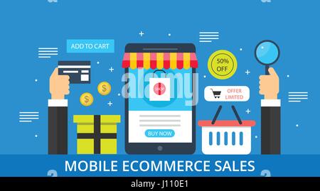 Mobile shopping, m-commerce, mobile e-commerce, acquistare online, pagare on-line concept - banner web - design piatto illustrazione vettoriale Illustrazione Vettoriale
