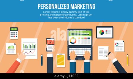 Marketing personalizzato - brainstorming team marketing concetto, la preparazione di strategie di marketing per lo sviluppo, ivi compresa la ricerca, dati, analisi Illustrazione Vettoriale