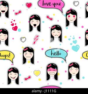 Stile Anime seamless pattern con cute ragazze emoji Illustrazione Vettoriale