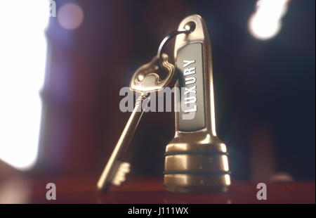 Hotel di lusso chiave sul tavolo di legno della lobby servizio. Foto Stock