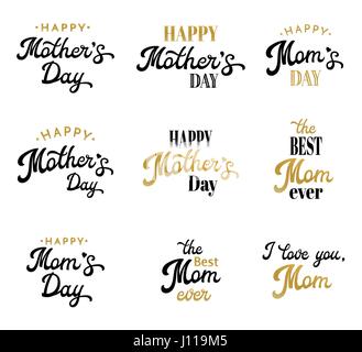 Le madri giorno Lettering calligrafica emblemi e stemmi Set isolato su bianco. Felice Festa della Mamma, Thr Best Mom, ti amo mamma iscrizione. Font elementi vettoriali Design per biglietto di auguri, poster e volantini Illustrazione Vettoriale