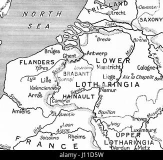 Mappa del Belgio, che da 843 a 869 formato parte dei domini del Duca di Lotharingia o Lorena. Da Hutchinson nella storia delle nazioni, pubblicato 1915 Foto Stock