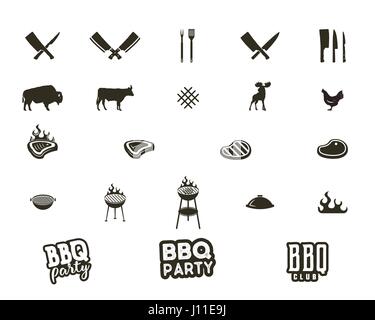 Vector Steak House Grill e silhouette icone testurizzato. Forme neri isolati su sfondo bianco. Inclusi grill attrezzature, strumenti, gli elementi e la tipografia segni - barbecue il concetto di partito e altri. Illustrazione Vettoriale