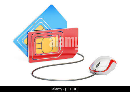 Scheda SIM con il mouse del computer, online il supporto tecnico e il servizio da operatore di telefonia mobile. Il rendering 3D Foto Stock