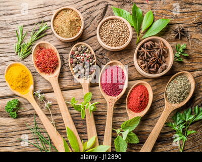 Assortimento di spezie in i cucchiai di legno. Foto Stock