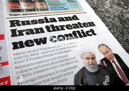 Giornale indipendente anteriore coperchio pagina " Russia e Iran minacciano nuovo conflitto" 10 aprile 2017 LONDON REGNO UNITO Foto Stock