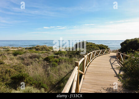 Passerelle in legno, Artola beach dunes, Cabopino, monumento naturale, Andalusia, Spagna. Foto Stock