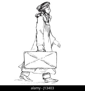 Musulmano in abito tradizionale va con una valigia, in bianco e nero isolato disegnati a mano illustrazione vettoriale nel disegno a inchiostro pop art style Illustrazione Vettoriale