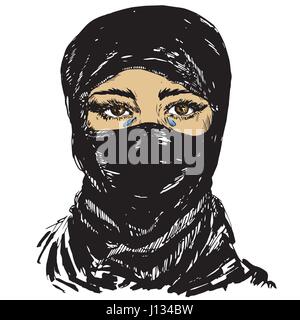 La bellissima brown eyed ragazzina musulmana di piangere, faccia nascosto in un velo nero (hijab), colore disegnato a mano illustrazione vettoriale, disegno a inchiostro pop art style Illustrazione Vettoriale