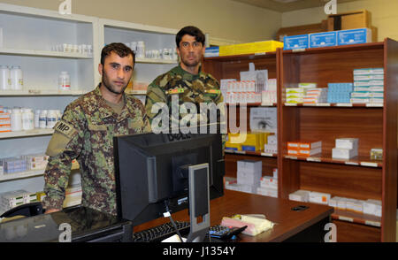 Il personale medico a la Nazionale Afghano di detenzione carceraria Facility - Parwan mostra forniture mediche consegnati per i detenuti. Un team di supporto risoluto hanno visitato la prigione di questa settimana per valutare le sfide, i progressi compiuti e valutare le fasi successive. La visita ha fornito una visione per la logistica e le strutture di supporto della struttura nonché le esigenze di ingegneria verso un Afghan auto-sostenuto il sistema carcerario. (U.S. Navy foto di tenente j.g. Egdanis Torres Sierra, combinata di sicurezza comando di transizione CSTC-un affari pubblici) Foto Stock