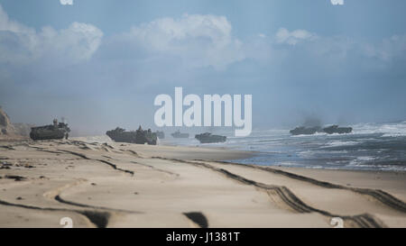 I marines del 3rd Assault Amphibian Battalion e della 15th Marine Expeditionary Unit effettuano uno sbarco anfibio dalla USS San Diego durante l'addestramento PHIBRON-MEU a Camp Pendleton, integrando la Marina e le forze marine per la preparazione delle missioni globali e la sicurezza marittima regionale. Foto Stock