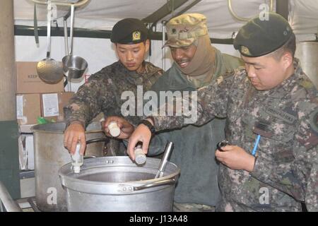 Soldati dal 2ID supporto brigata condotta alimento combinato service preparazione formazione, 11 aprile 2017, con l'대한민국 육군 (Repubblica di Corea esercito) 2a sostegno logistico comando, presso la locale sala da pranzo facility (DFAC) a sostegno del funzionamento di esercizio pacifico raggiungere '17 vicino Pohang, Corea del Sud. Foto Stock