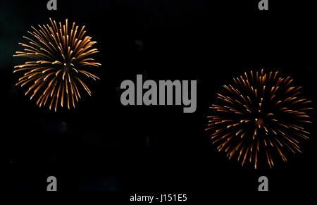 Festosi fuochi d'artificio nel cielo notturno. Un singolo colpo di coloratissimi fuochi d'artificio in onore dell'evento. Fuochi d' artificio multicolor divertente e gioiosa. Diversi colori Foto Stock