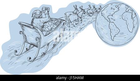 Schizzo di disegno illustrazione dello stile di santa su di una slitta con le renne offrire doni aournd Il mondo visto dalla parte posteriore. Illustrazione Vettoriale