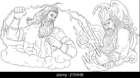 Schizzo di disegno illustrazione dello stile di Zeus, il dio greco del cielo e dominatore della Olympian dèi wielding tenendo un fulmine thunderbolt versus poseido Illustrazione Vettoriale