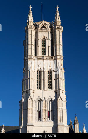 Torre della cattedrale di San Bavone a Gand, Belgio. Foto Stock