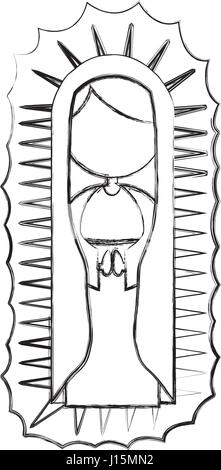 Disegno monocromatico contorno con tela senza volto della Vergine di Guadalupe Illustrazione Vettoriale