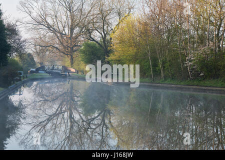 La serratura del canale e gli alberi a Lapworth in una mattina di primavera nebbiosa. Lapworth, Warwickshire, Inghilterra Foto Stock