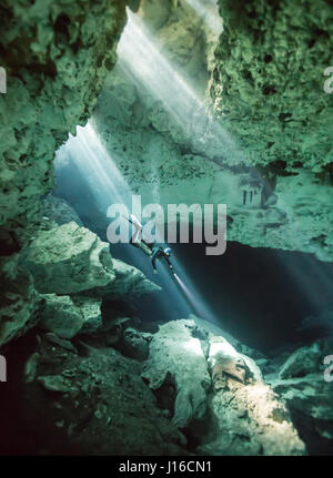 CENOTE EL EDEN, Messico: DIver discendente nel cenote. Immergendosi nelle profondità del mare blu profondo foto mostrano come questo diving dentista è la ricerca per la ultimate selfie subacquea. In posa accanto a un squalo balena queste immagini umoristiche dimostrano che vi è mai un cattivo tempo per uno scatto veloce di te stesso con una 20-tonnellata sea-bestia. Altre foto mostrano i subacquei in alcune delle più incredibili sfondi, dalle immersioni subacquee con un squalo blu nelle Azzorre per esplorare una profonda piscina in Veikkola, Finalnd. Dentista finlandese Markku Petteri Viljakainen (37), è immerso in tutto il mondo ad acquisire e condividere la sua straordinaria Foto Stock