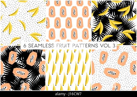 Un set di sei seamless Repeat patterns con frutti e foglie di palmo su sfondo bianco. Tessile moderno, biglietto di auguri, poster, la carta di avvolgimento disegni. Illustrazione Vettoriale