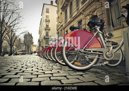 Biciclette allineate su strada Foto Stock