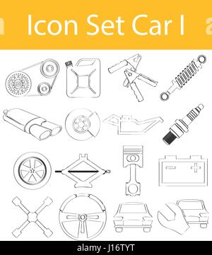 Disegnate Doodle rivestite Icon Set Auto mi con 16 icone per un utilizzo creativo in graphic design Illustrazione Vettoriale