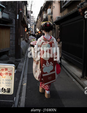 Maiko ( partecipante geisha ) a piedi lungo ponto-cho street in Higashiyama nr. Gion, Kyoto, Giappone Foto Stock