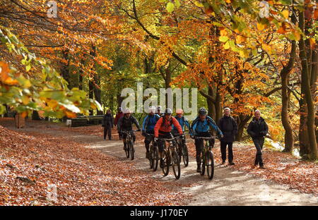 I ciclisti sulla parte superiore della valle del Derwent circuito di serbatoi in autunno, il Parco Nazionale di Peak District, Derbyshire EnglandUK Foto Stock