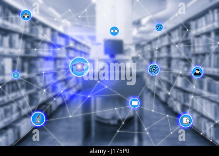 Smart istruzione e istruzione icona Connessione di rete withcomputer laptop in sala biblioteca in background, immagine astratta visual, internet delle cose conc Foto Stock
