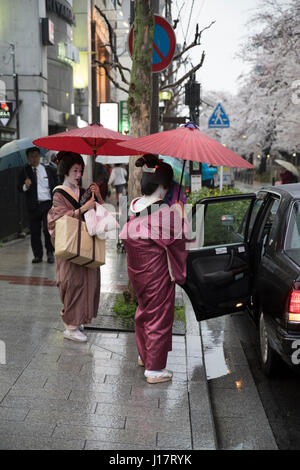 Geisha con ombrelloni tradizionale per arrivare in taxi su Kiyamachi-dori street in Higashiyama nr. Gion, Kyoto, Giappone Foto Stock