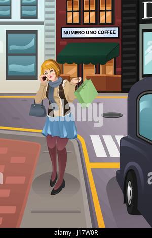 Una illustrazione vettoriale della donna moderna parlando al telefono mentre passeggiate in città Illustrazione Vettoriale