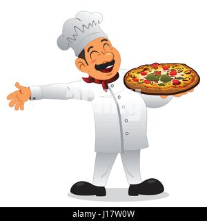 Una illustrazione vettoriale di felice chef tenendo un piatto di pizza Illustrazione Vettoriale